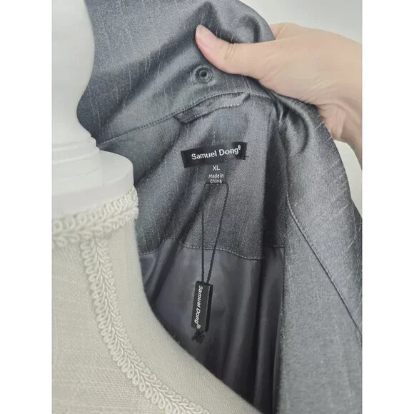 Samuel Dong Gray Metallic Taffeta Collared Bubble Hem Zip Trench Jacket Coat XL - Picture 14 of 14